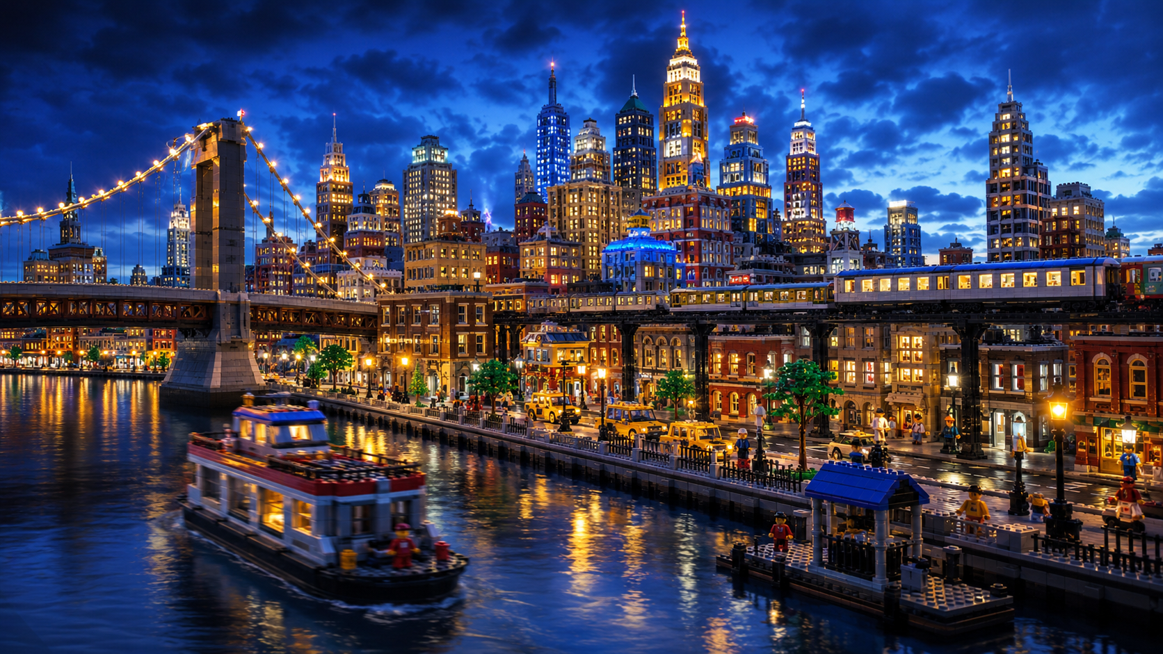Brickopolis à noite, com arranha-céus iluminados, ponte suspensa e barco no rio