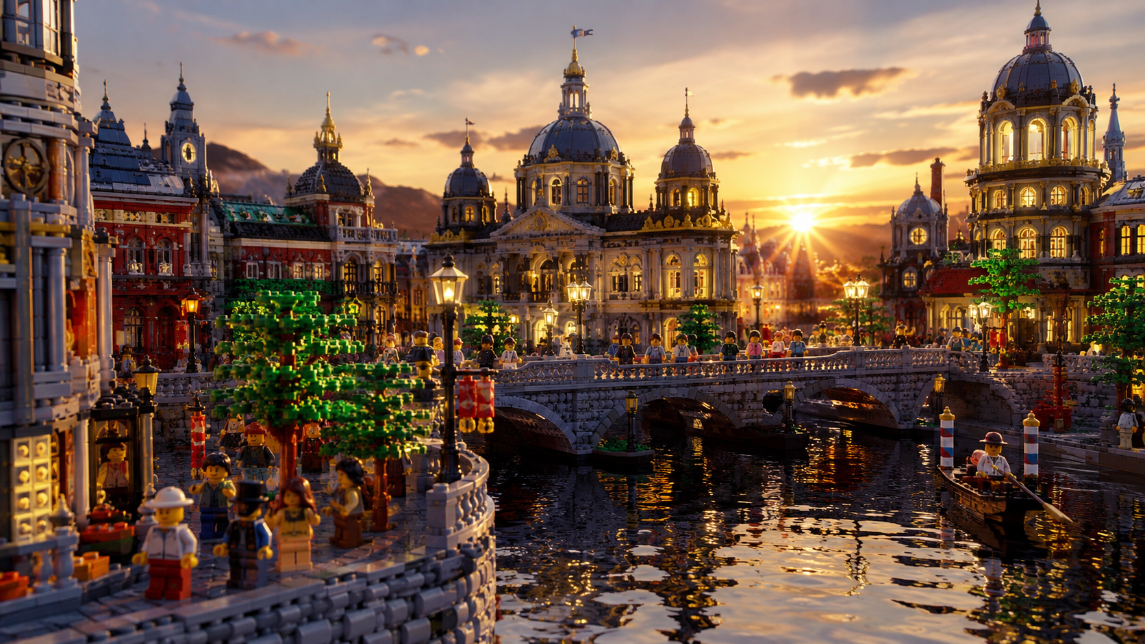 Canal histórico de Brickopolis com palácios de blocos e minifiguras nas margens