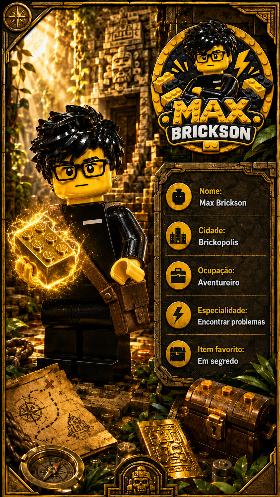 Ficha do personagem Max Brickson segurando o Bloco Dourado