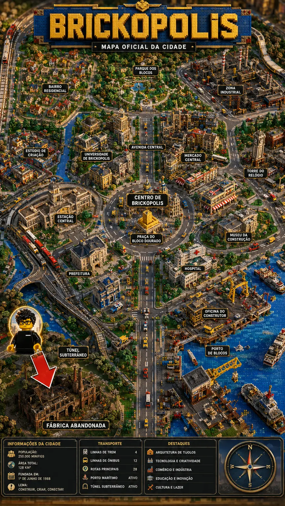 Mapa oficial de Brickopolis com os principais pontos da cidade