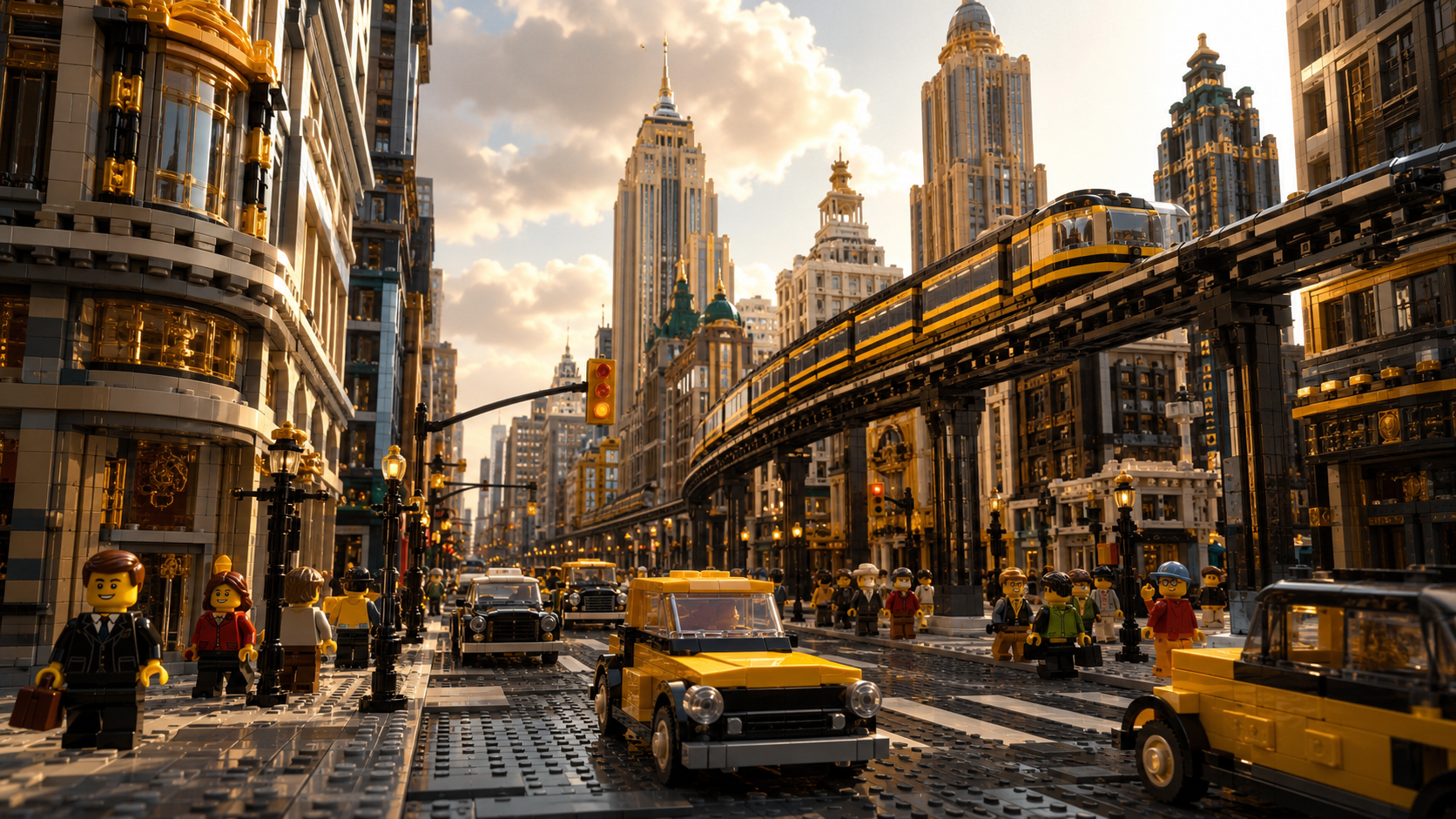 Rua financeira de Brickopolis com monotrilho amarelo e prédios dourados