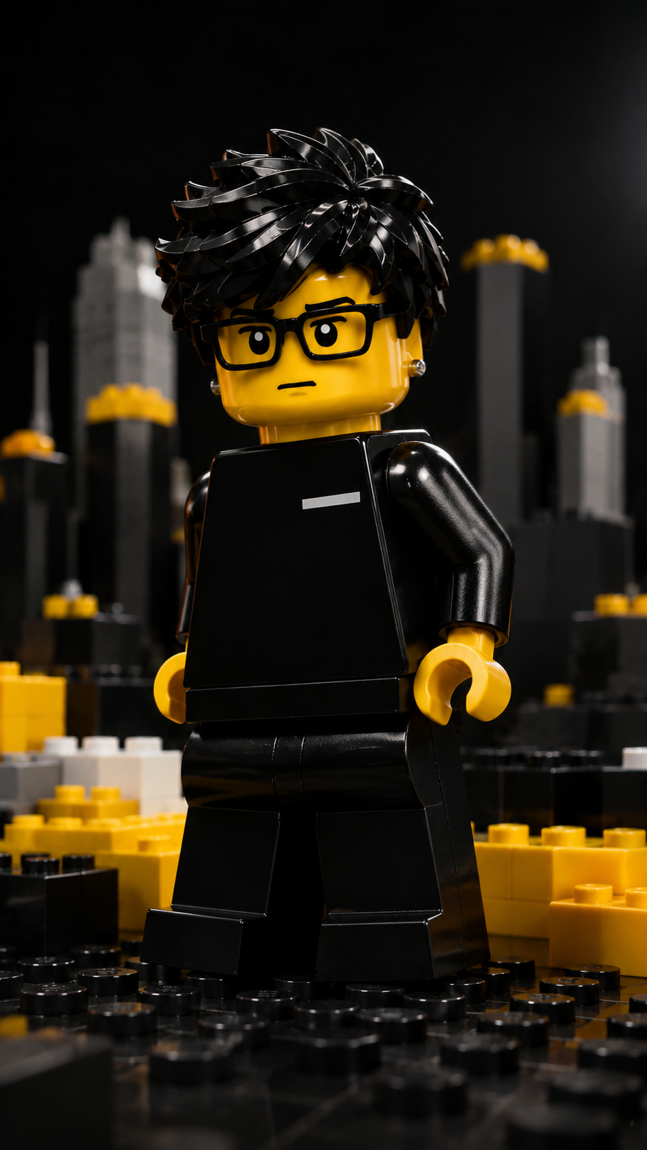 Max Brickson em cena cinematográfica entre blocos amarelos e pretos de Brickopolis